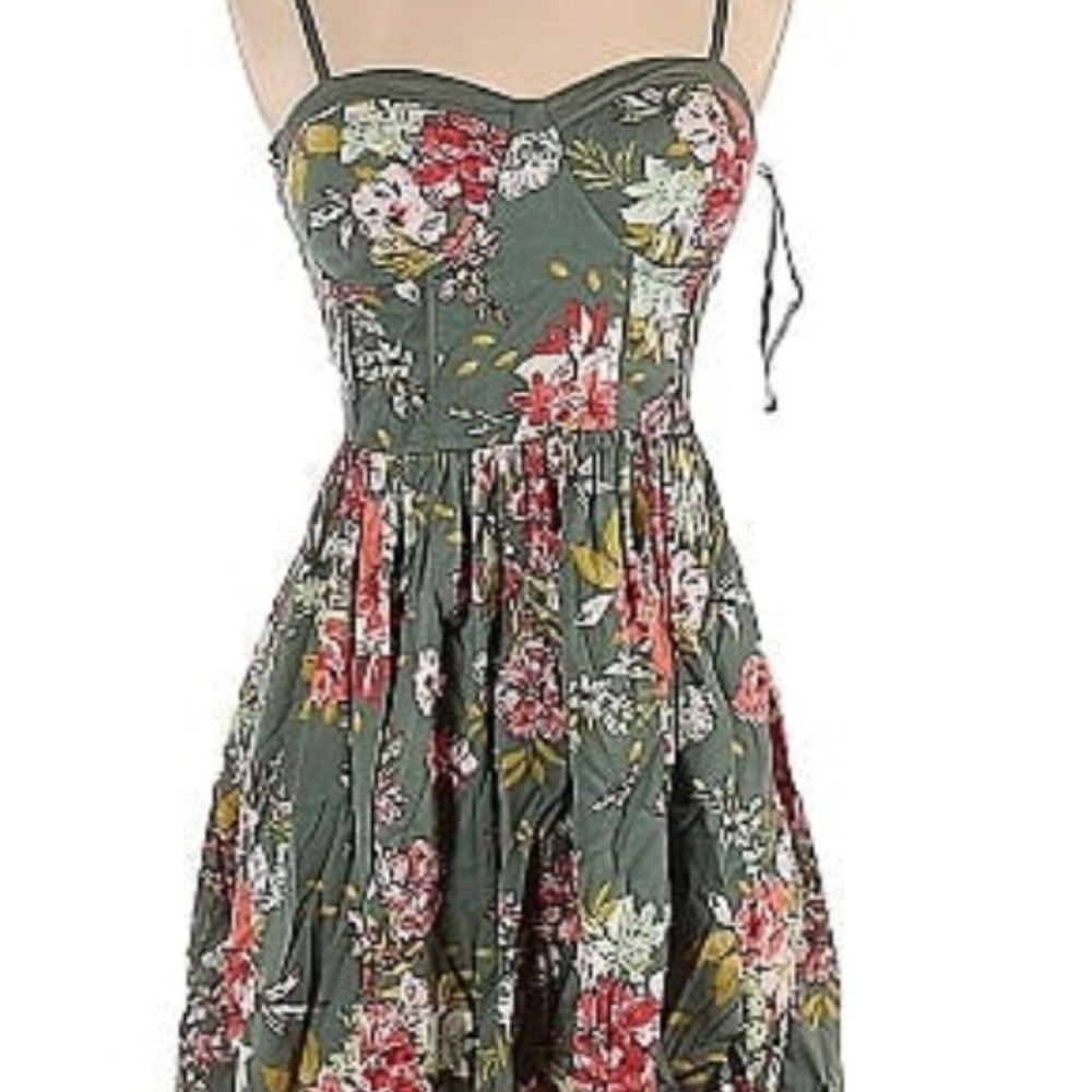 SAGE GREEN FLORAL PRINT - SWEETHEART A-LINE MINI DRESS - CASUAL - Women's XS